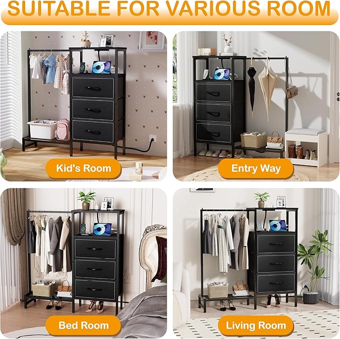 Dresser for Bedroom with Hanging Rack, 3 Drawers Closet with Charging Station, Faric Chest of Drawers with Clothes Rack, Storage Organzier for Hallway Entryway, Black
