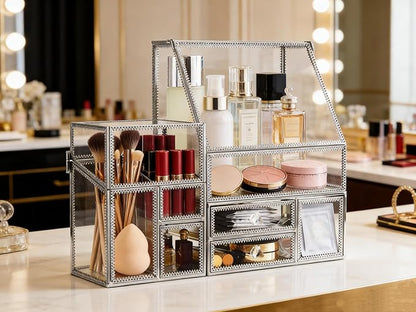 Hersoo Glass Makeup Organizer for Vanity/Stackable 2Pieces Drawer Set/Antique Countertop Vanity Cosmetic Storage Box Mirror Glass Beauty Display, Holder for Brushes Lipsticks Skincare Toner (Silver)