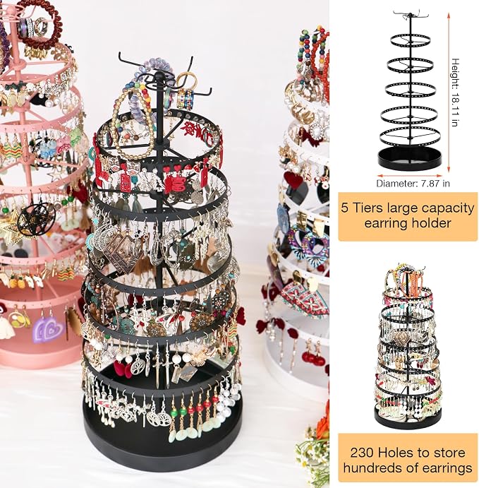 17Dec 6 Tier Rotating Jewelry Organizer Stand, 230 Holes Earring Holder Organizer for Women Girls, Spinning Earring Tree with Ring Holder, Wide Base for Bracelets Watches Lipstick