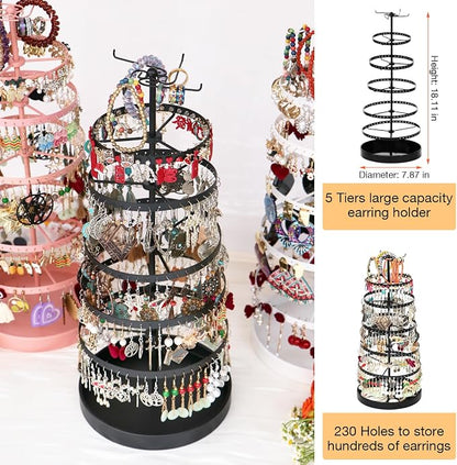 17Dec 6 Tier Rotating Jewelry Organizer Stand, 230 Holes Earring Holder Organizer for Women Girls, Spinning Earring Tree with Ring Holder, Wide Base for Bracelets Watches Lipstick