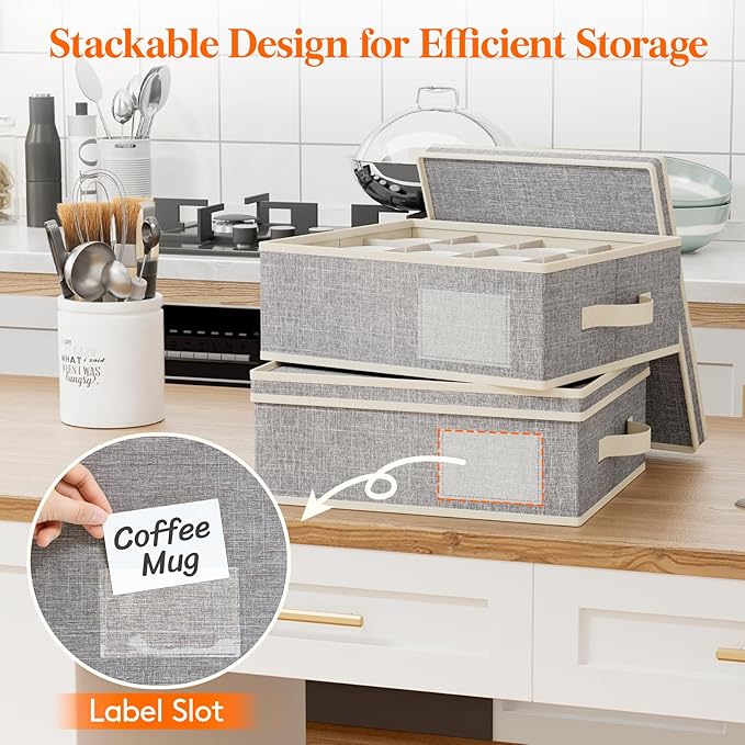 Lifewit 3 Pcs Coffee Mug Storage Box with Dividers, Stackable Cationic Hard Shell Stemware Containers with 48 Cells, Foldable Dustproof China Containers for Moving, Light Grey