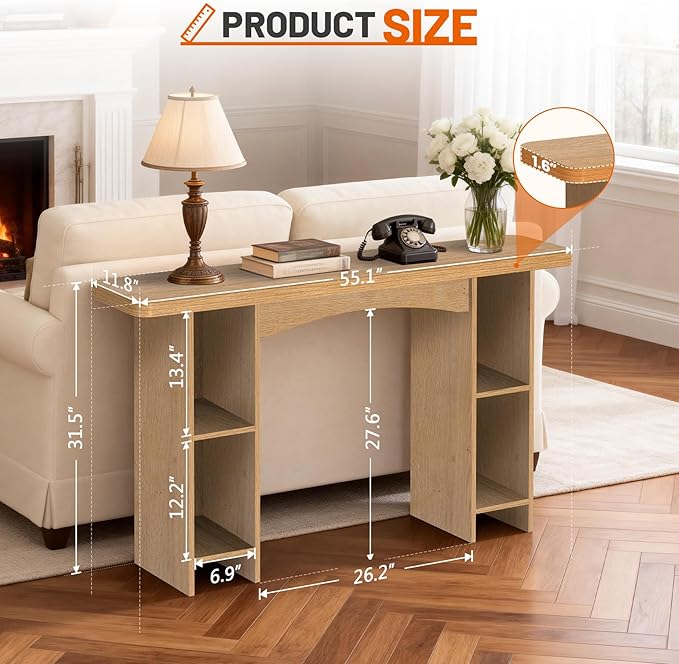 55 Inch Entryway Table Single-Shelf Cabinet, 1.6 Inch Thick Desktop Wooden Console Table with Socket Farmhouse Sofa Table for Entrance, Hallway, Living Room,Behind Couch(Oak Brown)