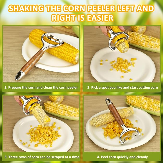 Stainless Steel Corn Peeler, Durable Corn on the Cob Stripper Tool with Solid Wood Good Grip Handle for Salad Polenta Pizza Popcorn Cooking Gifts for Woman Her Mom Birthday (Merbau)