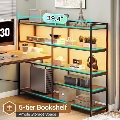 Sedeta L Shaped Desk with Storage Shelves, 64.5'' Reversible U Shaped Office Desk with 3 Fabric Drawers, Gaming Desk with Power Outlet & LED Strip, Rustic Brown