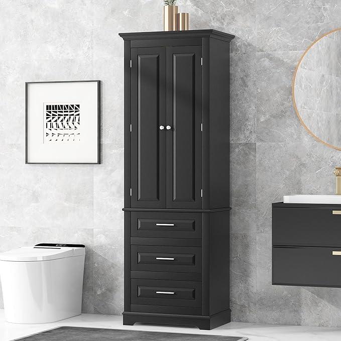 Polibi Tall Storage Cabinet with 3 Drawers, 3-Tier Adjustable Shelves & 2 Doors, Floor Freestanding Linen Cabinet for Bathroom, Living Room (Black)