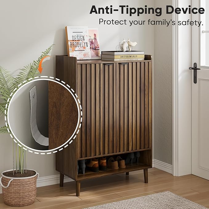 Smuxee Walnut Shoe Cabinet with Fluted Doors, 6-Tier Shoe Storage Cabinet with Adjustable Shelves, Freestanding Shoe Organizer Cabinet for Entryway, Hallway, Closet, Living Room