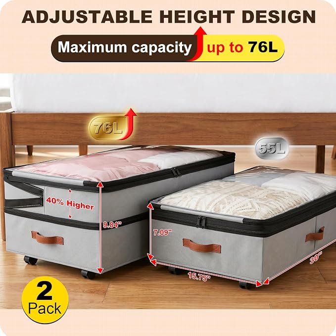 2 Pack Under Bed Storage with Wheels, Adjustable-Height Rolling Storage Containers with Clear Lids, 76L XXL Durable Underbed Organizer Bins for Clothes, Shoes, Blankets, Bedroom, Dorm, Closet - Gray