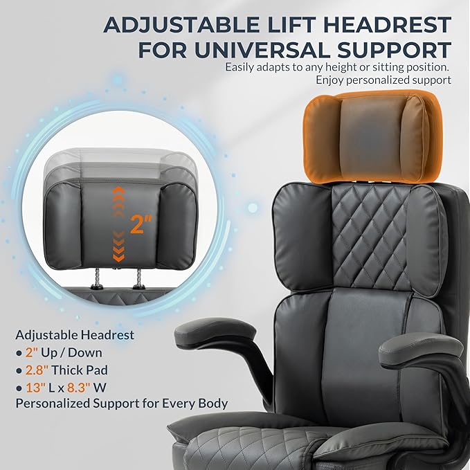 Office Chair with Adjustable Headrest, Faux Leather Executive Home Office Desk Chairs with Ergonomic Back Support, Padded Flip-Up Armrests, Swivel Rolling Computer Chair for Work, Study, Gray