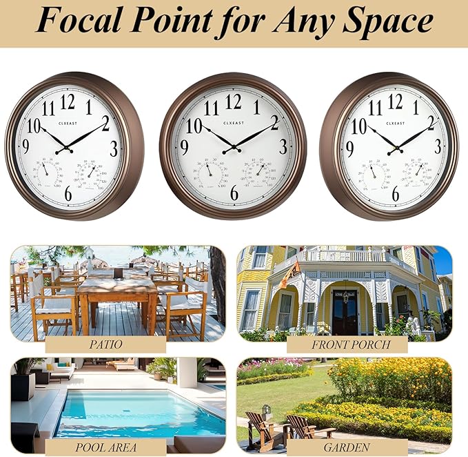 CLXEAST Indoor Outdoor Clocks Waterproof 18 Inch, Large Outdoor Clock with Temperature and Humidity Combo,Weatherproof,Bronze/Brown