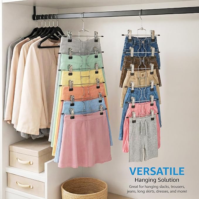 Zober 6-Tier Skirt Hangers with Clips - Metal, Non-Slip Space Saving Pants Hangers W/Adjustable Clips & Swivel Hooks - Skirt Hangers for Women (3-Pack)