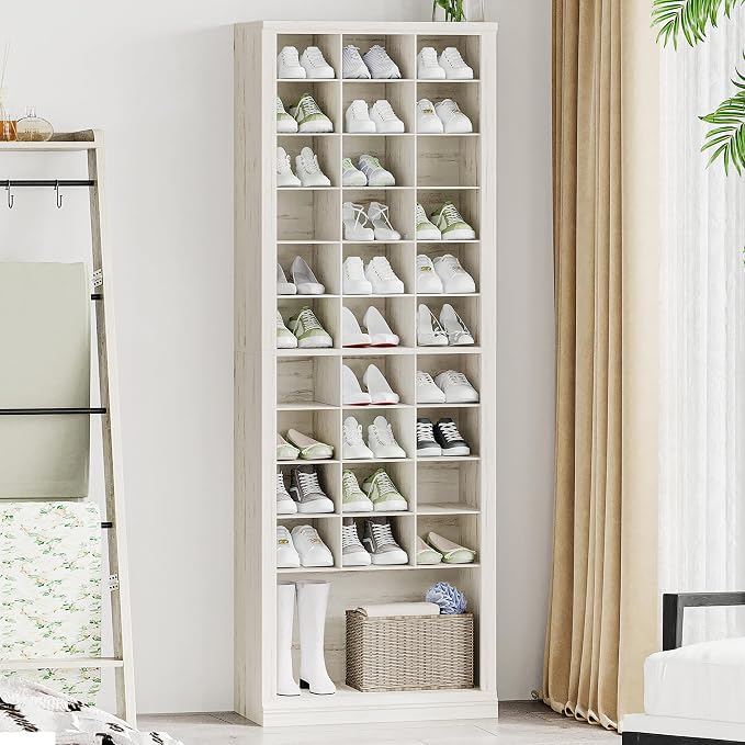 Hzuaneri 11 Tiers Shoe Storage Cabinet, Tall Shoes Cabinet with Cubby, Freestanding Wooden Shoe Organizer, 30-33 Pairs, Shoes Cubby Organizer for Entryway, Bedroom, Rustic White SR02014X