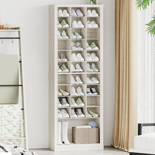 Hzuaneri 11 Tiers Shoe Storage Cabinet, Tall Shoes Cabinet with Cubby, Freestanding Wooden Shoe Organizer, 30-33 Pairs, Shoes Cubby Organizer for Entryway, Bedroom, Rustic White SR02014X
