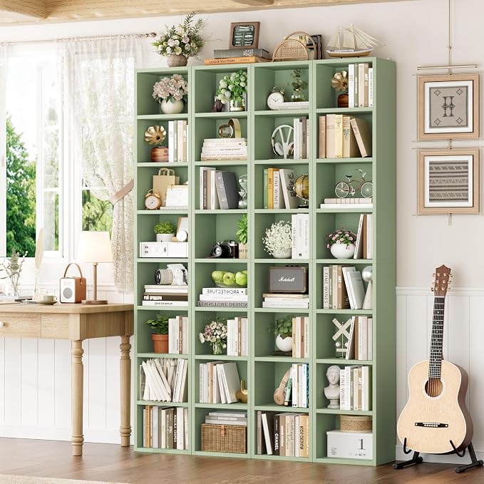 FOTOSOK 2 Pcs 71'' Tall Narrow Bookshelf, 8-Tier Media Tower Rack Set of 2, CD DVD Storage Cabinet with Adjustable Shelves, Tall Narrow Bookcase Skinny Display Bookshelf Slim Shelf, Green