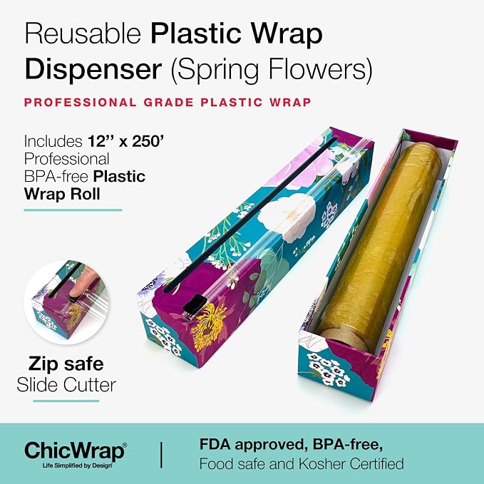 Chicwrap Spring Flowers Refillable Plastic Wrap Dispenser - One 12" x 250' Roll of Professional Grade Plastic Wrap - BPA Free and Kosher Certified - Reusable Dispenser w/Slide Cutter