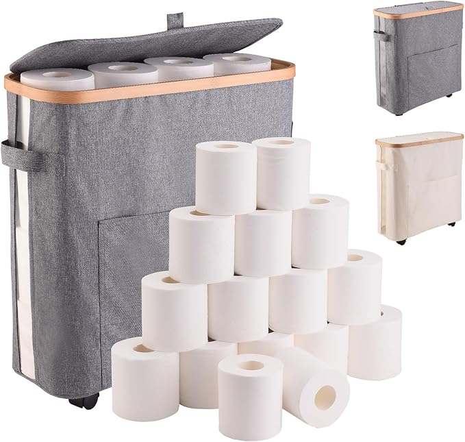Toilet Paper Storage Organizer with Lid and Wheels, 33L Slim Bathroom Hamper - Holds 16 Rolls, Mobile Laundry Basket for Bathroom, Bedroom, Dorm, Foldable & Waterproof (Grey)
