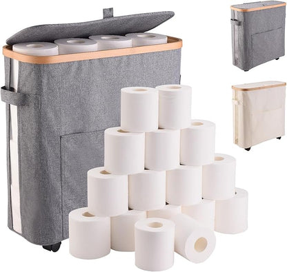 Toilet Paper Storage Organizer with Lid and Wheels, 33L Slim Bathroom Hamper - Holds 16 Rolls, Mobile Laundry Basket for Bathroom, Bedroom, Dorm, Foldable & Waterproof (Grey)