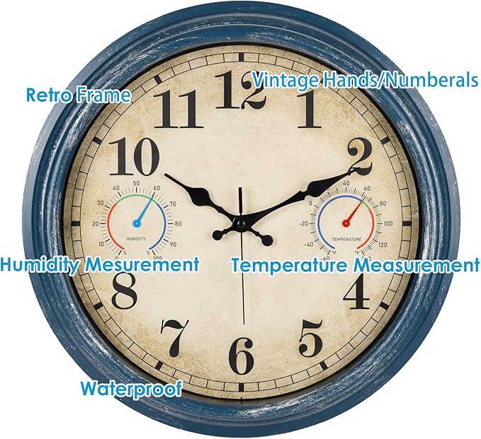 16 Inch Outdoor Clock with Thermometer and Hygrometer Combo, Waterproof Rustic Vintage Indoor Outdoor Large Wall Clocks for Patio, Pool, Garden, Living Room Decor- Blue