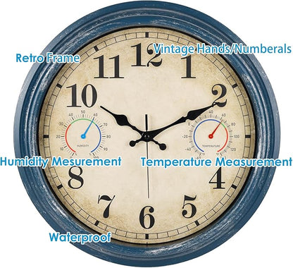 16 Inch Outdoor Clock with Thermometer and Hygrometer Combo, Waterproof Rustic Vintage Indoor Outdoor Large Wall Clocks for Patio, Pool, Garden, Living Room Decor- Blue