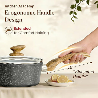 Kitchen Academy Induction Cookware Sets - 12 Piece Gray Cooking Pan Set, Granite Nonstick Pots and Pans Set