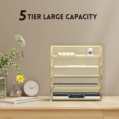 Supeasy 5 Trays Paper Organizer Letter Tray with Handle-Mesh Desk File Organizer, Paper Sorter Desk Organizer for Office, Home or School (Golden)