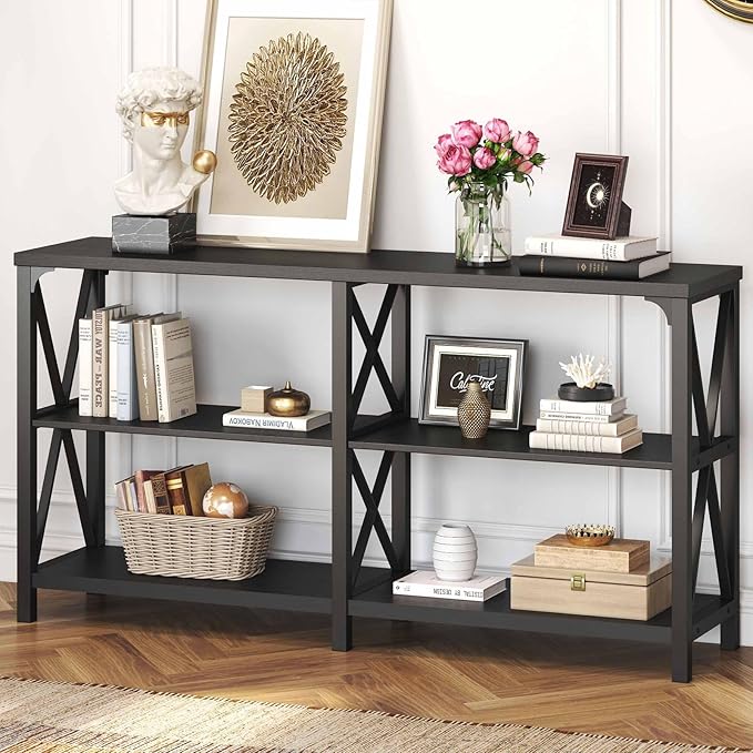 IBF Black Console Table, Modern Sofa Table Behind Couch, Industrial Entryway Table for Hallway Living Room, Farmhouse Wooden Metal Entry Table for Foyer with 3-Tier Storage Shelves, Black Oak, 55 Inch