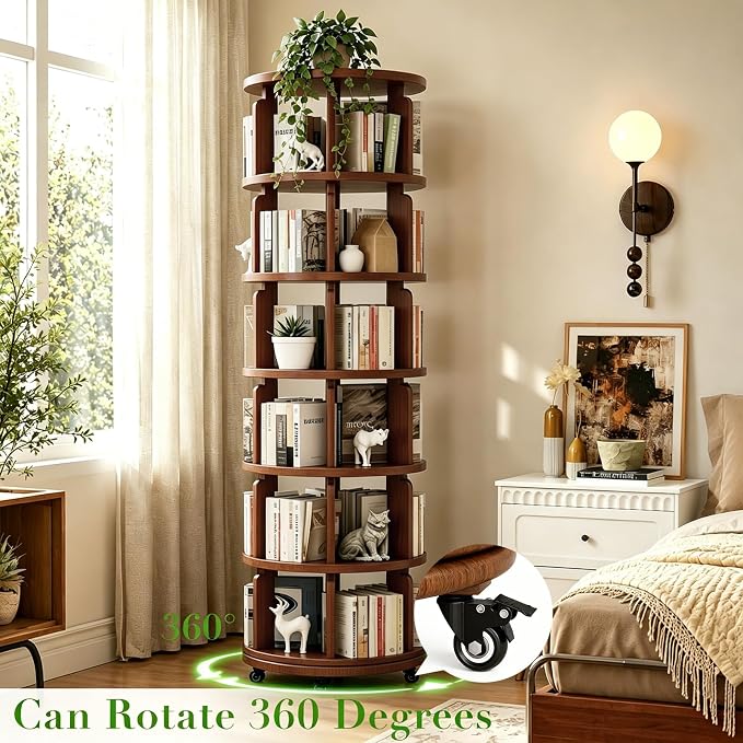 6 Tier 360° Rotating Solid Wood Bookshelf with Wheels, Lazy Susan Circular Spinning Revolving Corner Bookcase, Freestanding Storage Shelf for Bedroom Small Space, Walnut