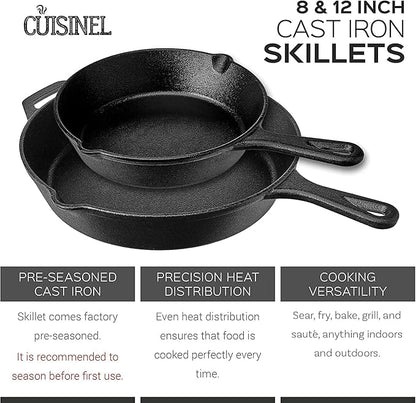 Cast Iron Skillet Set - 8" + 12"-Inch Frying Pan - Pre-Seasoned Oven Safe Cookware + 2 Heat-Resistant Handle Holder Grips - Indoor/Outdoor Use - Grill, Stovetop, Induction Safe. PFAS and PFOA-free