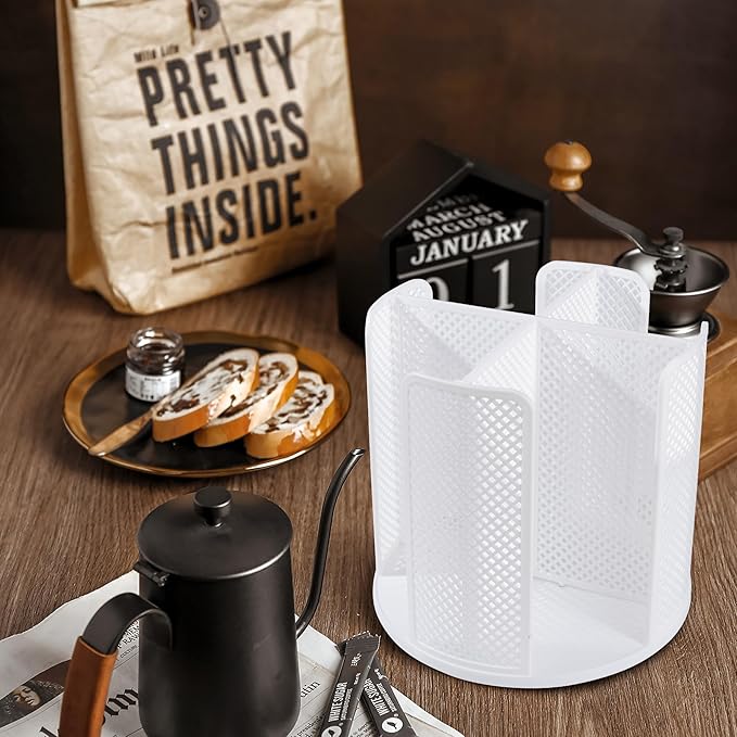 Rotating Paper Cup Dispenser with 4 Compartments, Disposable Coffee Cup Storage & Lid Holder for Countertops, Kitchen, Coffee Stations (White)