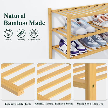 Smiry Bamboo Shoe Rack, 6 Tier Free Standing Wooden Shoe Organizer, Stackable Wood Shoe Storage Shelf for Closet, Entryway, 14 Vertical Slats, 2+2+2 Stack Heavy-Duty Legs, 26.8"x11"x39", Natural