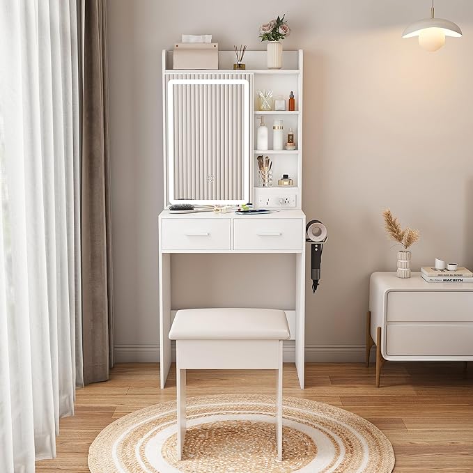 Vanity Desk with Mirror and Lights - Small Makeup Vanity Table Set with Power Outlet, Storage Drawers & Chair, 3 Lighting Modes & Adjustable Brightness, Dressing Table for Women Girls Bedroom, White
