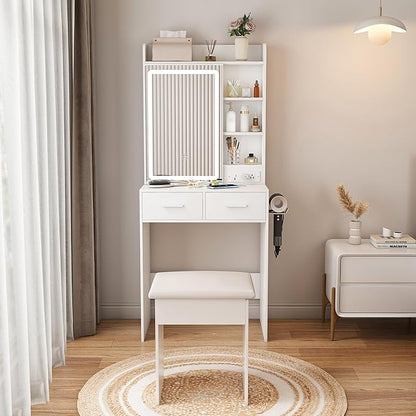 Vanity Desk with Mirror and Lights - Small Makeup Vanity Table Set with Power Outlet, Storage Drawers & Chair, 3 Lighting Modes & Adjustable Brightness, Dressing Table for Women Girls Bedroom, White