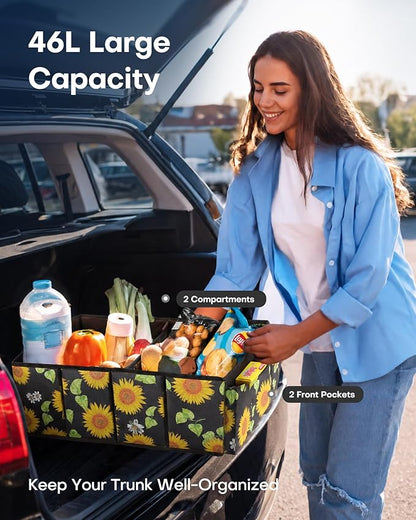 HOTOR Trunk Organizer - Car Organizer, Foldable Trunk organizer for SUVs & Sedans, Sturdy Car Organization for Car Accessories, Tools, Sundries, Sunflower, 2 Compartments, 21.3"×12.6"×10.6"