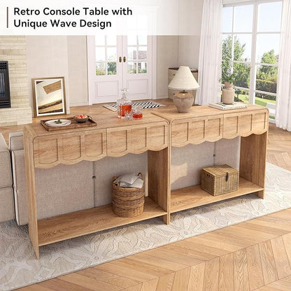 Console Table with 2 Drawers, Mid-Century Modern 42" Entryway Table with Open Storage Shelves, Sofa Table Behind Couch for Living Room, Hallway, Natural