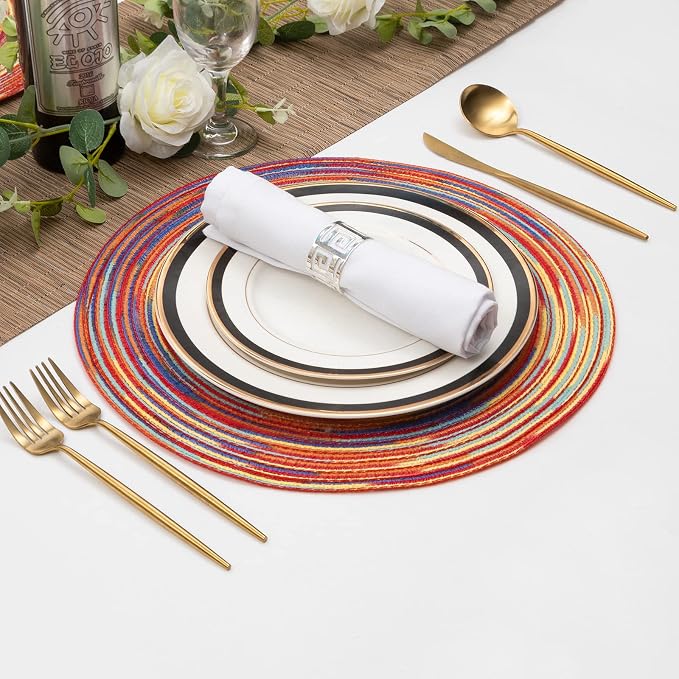 SHACOS Round Braided Placemats Set of 6 Table Mats Colorful Place Mats for Dining Tables Holiday Party Decor (Rainbow Red, 6)