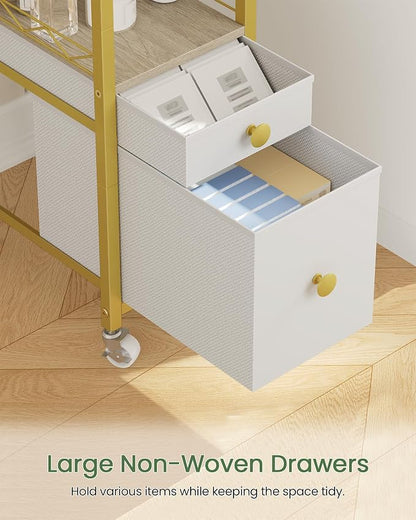 CHOEZON Makeup Organizer Storage Cart with Drawers, Floor-Standing Makeup and Skincare Organizer with Wheels, Bathroom Vanity Make Up Organizers for Brush, Hair Tool, White, Gold, and Natural TCJ90JW
