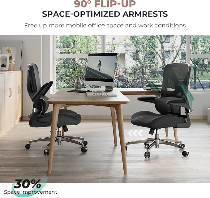 Ergonomic Office Chair Mid Back with Integrated Lumbar Support, Adjustable Height, Thick Memory Foam Seat, Rocking Function, 90° Flip-up Armrests – Comfortable Desk Chair for Home Office