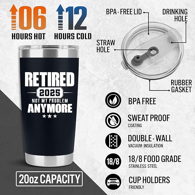 Retirement Gifts for Men 2025 - Retired Not My Problem Anymore - Funny Retired Tumbler for Men, Him, Father, Husband, Coworkers - Happy Retirement Gifts, Navy Tumbler 20 Oz (Black 20Oz 2025)