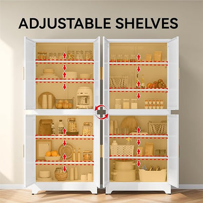 COFaR White 75” Tall Modular Storage Cabinet, Stackable 2-in-1 Metal Cabinet with 4 Doors & 6 Adjustable Shelves, Heavy Duty Pantry Cabinet, Floor to Ceiling Kitchen Organizer with Anti-Tip Kit