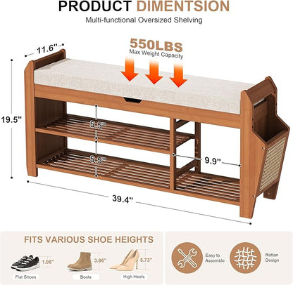 39.4" Bamboo Shoe Rack Bench, 3-Tier Entryway Bench with Thick Cushion, Flip-Top & Side Storage, Holds Up to 550 LBS for Hallway, Living Room, Bedroom