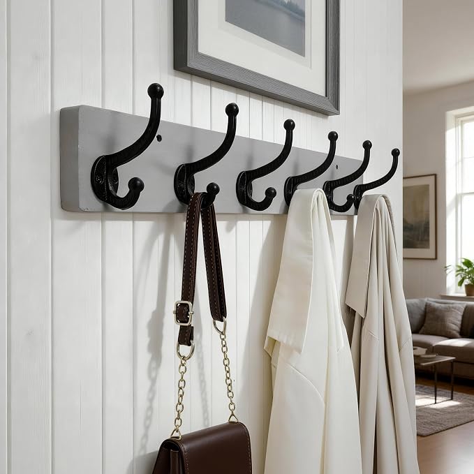 WEBI Rustic Coat Rack Wall Mount,24" Long 6 Cast Iron Coat Hooks Wall Mounted,Heavy Duty Wood Wall Coat Hanger Hooks for Hanging Coats,Jacket,Clothes,Backpack,Farmhouse,Gray,2 Packs