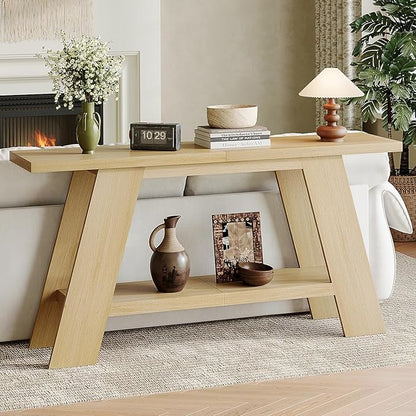 Treocho 63 Inch Long Console Tables for Entryway, 2-Tier Modern Wood Sofa Table with Shelf Behind Couch, Contemporary Narrow Entryway Table for Living Room, Hallway, Entrance, Hallway, Entrance, Oak