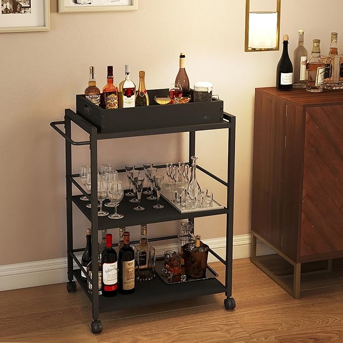 3 Tier Kitchen Cart, Rolling Bar Cart for Tea, Coffee, Liquor, and Drink Service with Removable Serving Detachable Server, Black