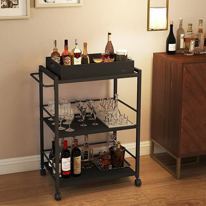 3 Tier Kitchen Cart, Rolling Bar Cart for Tea, Coffee, Liquor, and Drink Service with Removable Serving Detachable Server, Black