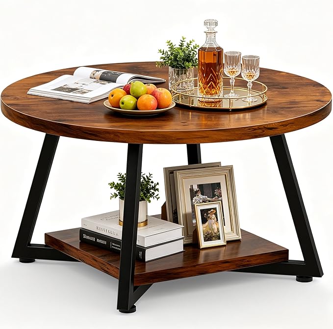 Round Coffee Table for Living Room, 27.6“ Circle Coffee Table, 2-Tier Industrial Coffee Tables with Storage, Wood Coffee Table, Modern Accent Table for Apartment, Office, Small Space, Rustic Brown