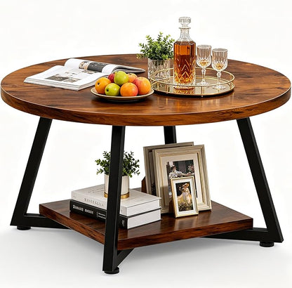 Round Coffee Table for Living Room, 27.6“ Circle Coffee Table, 2-Tier Industrial Coffee Tables with Storage, Wood Coffee Table, Modern Accent Table for Apartment, Office, Small Space, Rustic Brown