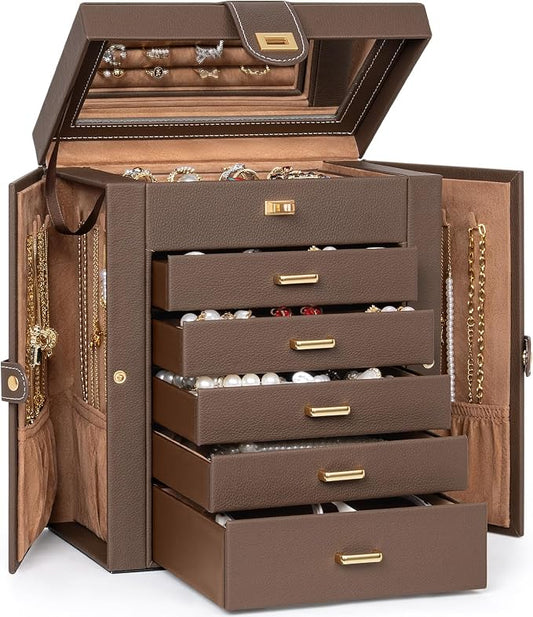 AKOZLIN 6-Tier Jewelry Box Organizer Functional 5 Drawers Leather Jewelry Storage Case for Women Girls Ring Necklace Earring Bracelet Holder Organizer with Mirror Medium Brown
