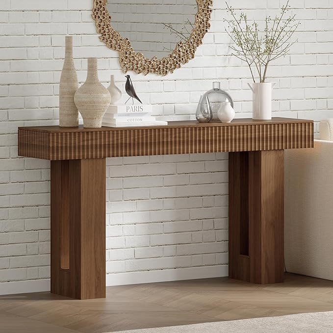63-Inch Long Entryway Console Table with a Fluted Design, Thick Wood Farmhouse Sofa Table Behind Couch, Narrow Hallway Accent Table for Living Room, Foyer, Entrance,Modern Walnut