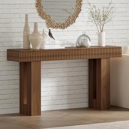 63-Inch Long Entryway Console Table with a Fluted Design, Thick Wood Farmhouse Sofa Table Behind Couch, Narrow Hallway Accent Table for Living Room, Foyer, Entrance,Modern Walnut