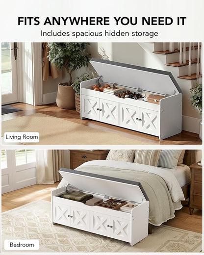 Amada Shoe Storage Bench, 47.2" Long Entryway Bench with Cushioned Seat & Lift Top Storage, 4 Doors, Adjustable Shelf, 300 lbs Capacity, Bench with Shoe Rack for Entryway, Bedroom, Living Room, White