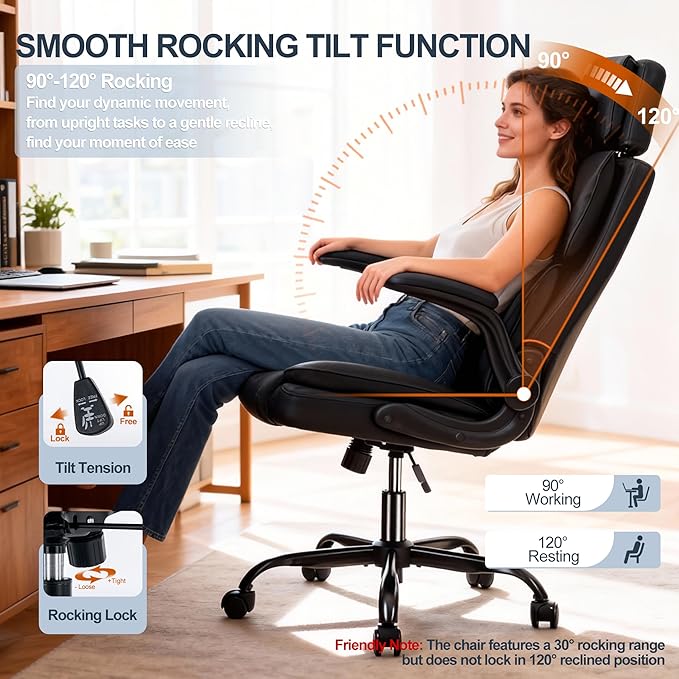 Office Chair with Adjustable Headrest, Faux Leather Executive Home Office Desk Chairs with Ergonomic Back Support, Padded Flip-Up Armrests, Swivel Rolling Computer Chair for Work, Study, Black